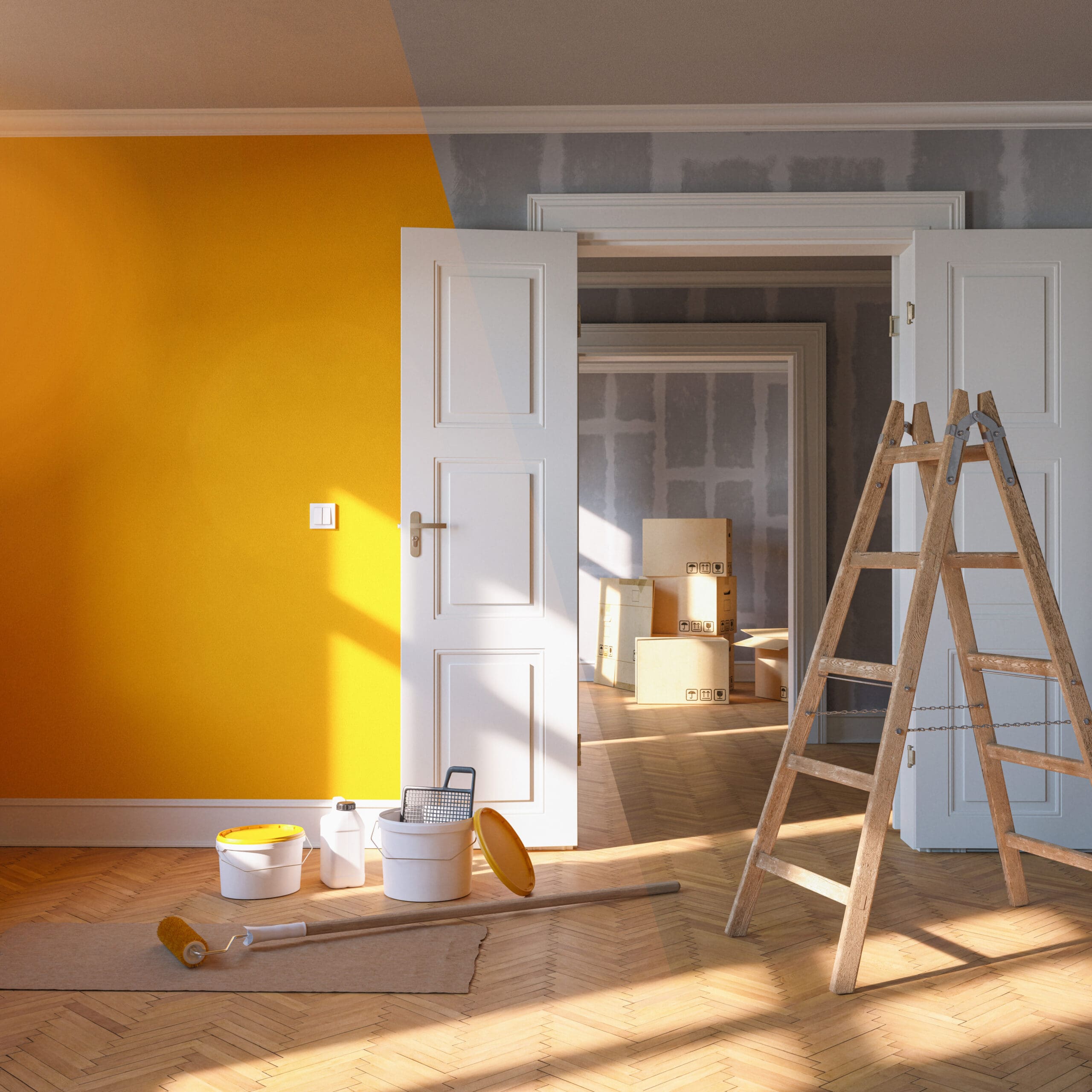 A room under renovation with a partially painted yellow wall, a wooden ladder, paint supplies, and open double doors leading to another room with stacked boxes.