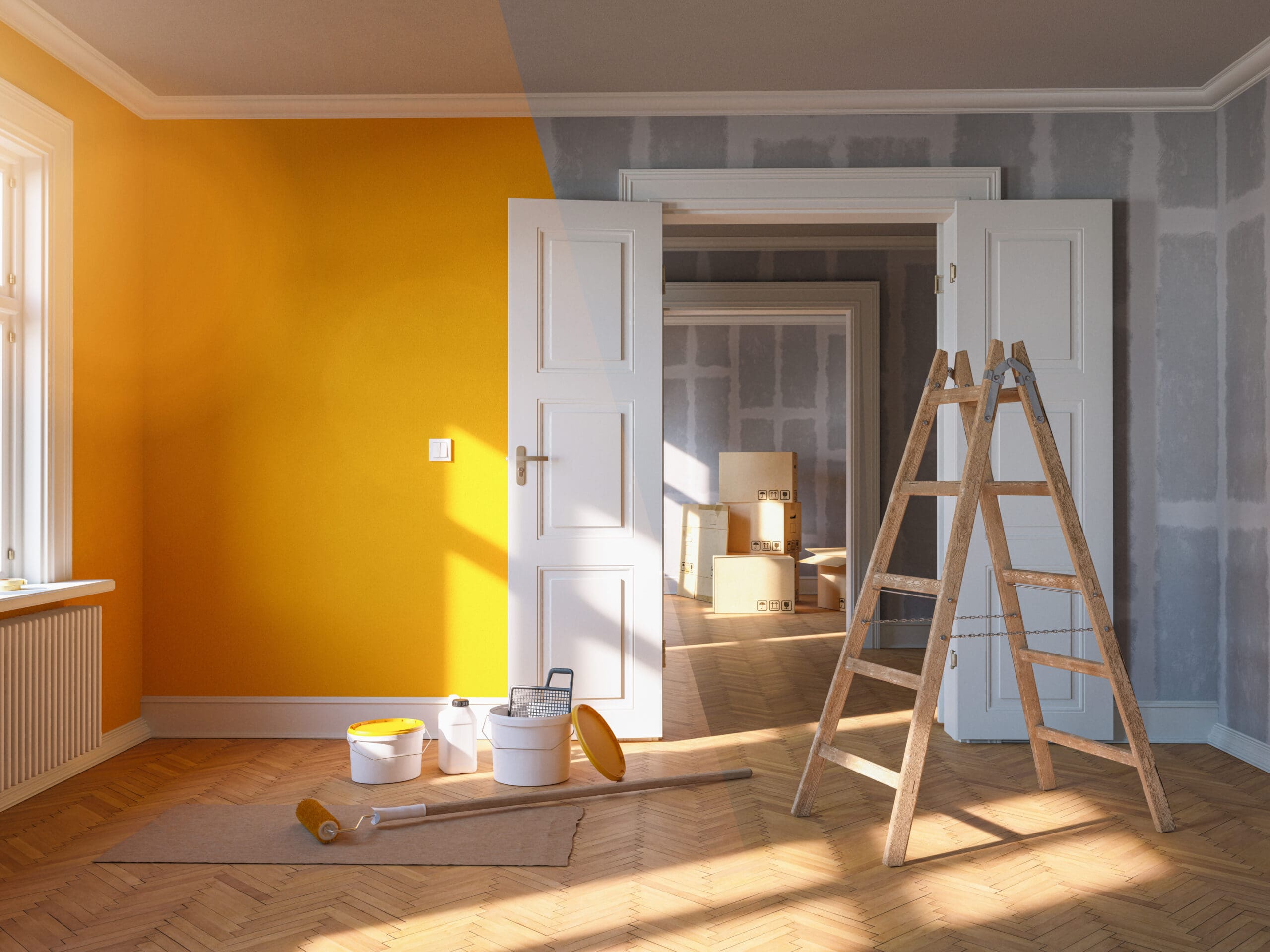 A room in progress of being painted, with a ladder in the foreground, painting supplies on the floor, and partially painted walls in yellow and gray. Daylight streams in through the window.