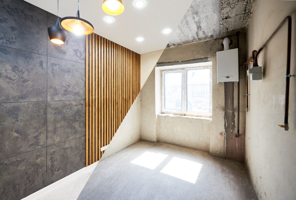 A split-image shows a room before and after renovation; one half is unfinished with exposed pipes and concrete, the other half is modern with wood paneling and lighting.