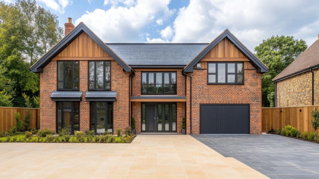 A modern two-story brick house with large windows, a black garage door, and wood accents, set behind a paved driveway and landscaped front yard.