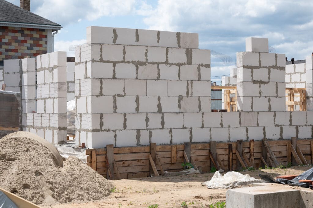 Partially constructed building made of white concrete blocks, with sand piles and wooden supports visible at the construction site.